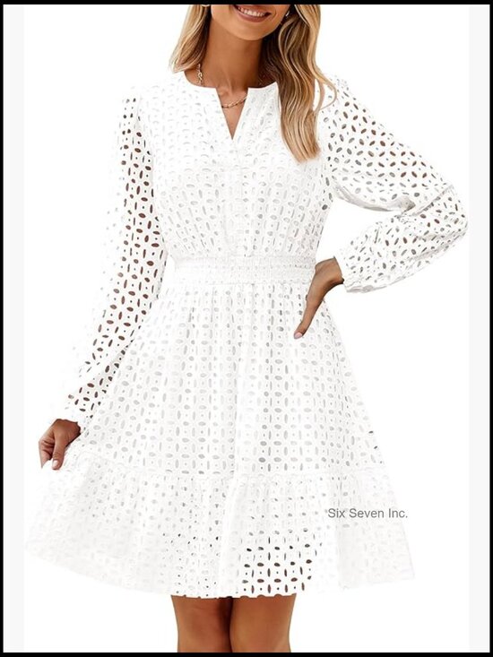 Dresses & Skirts - Women's Long Sleeve Mini Dress V Neck Hollow Out Eyelet Embroidery Ruffle A